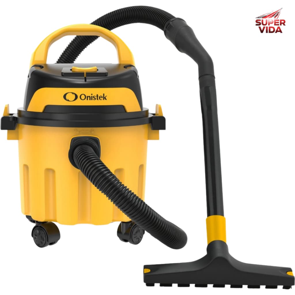 Aspirador de pó e água multiuso Onistek 10L 1200W, amarelo e preto, com rodas e cabo de sucção