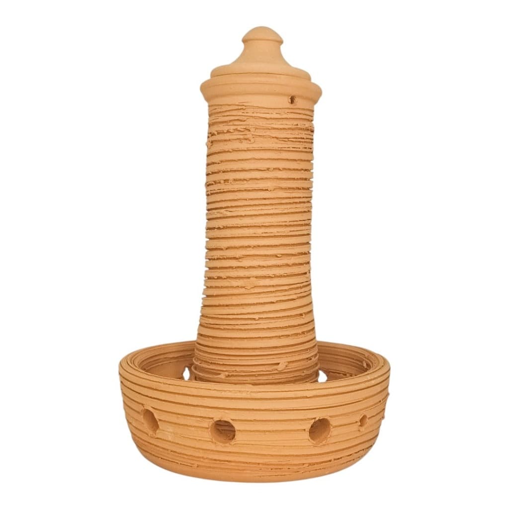 Vaso de barro para oquídea enraizador pau de barro autoirrigável com base circular e suporte central.