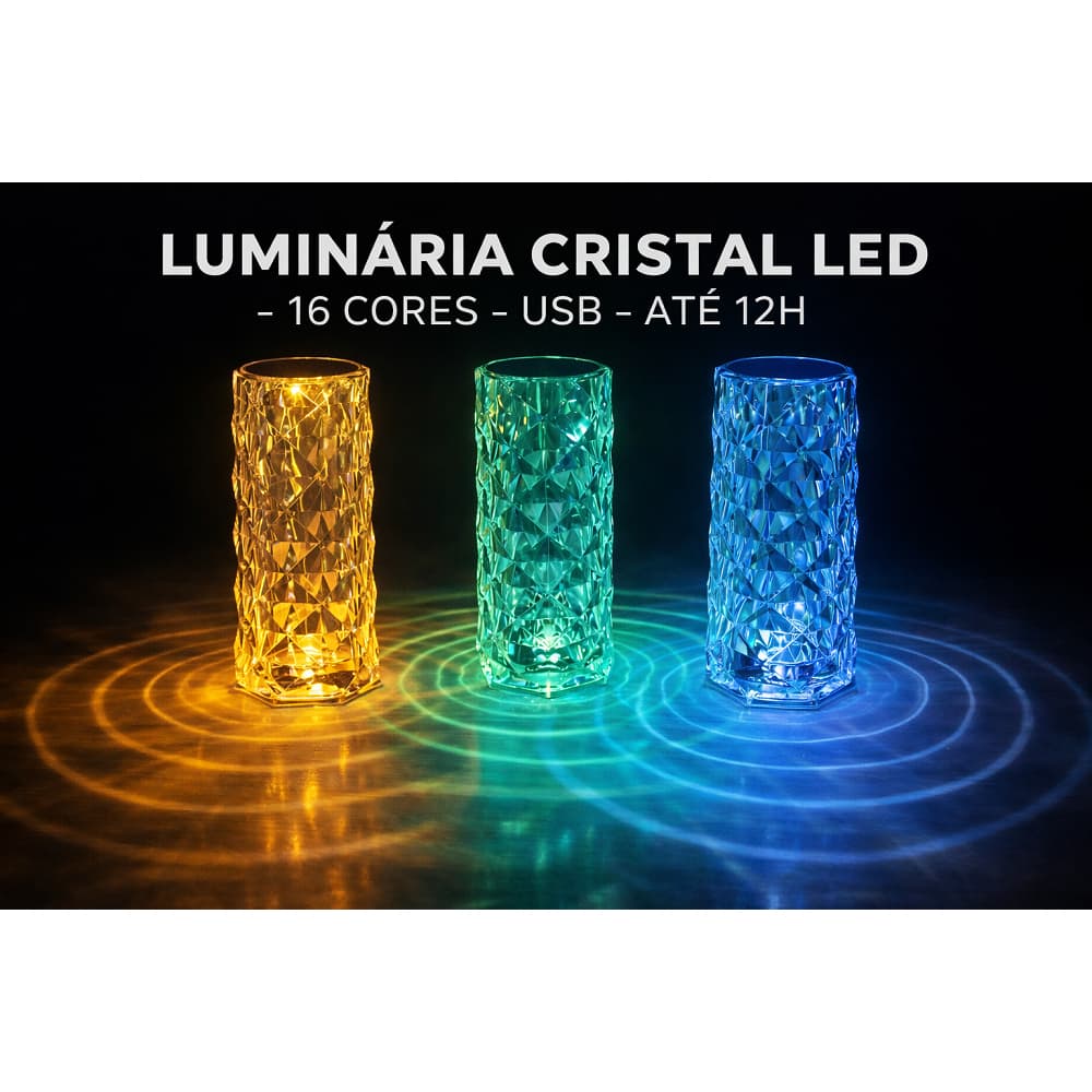 Luminária Cristal LED Mesa USB 21cm Multicor 3D Touch com Controle Remoto Decorativa Quarto Sala