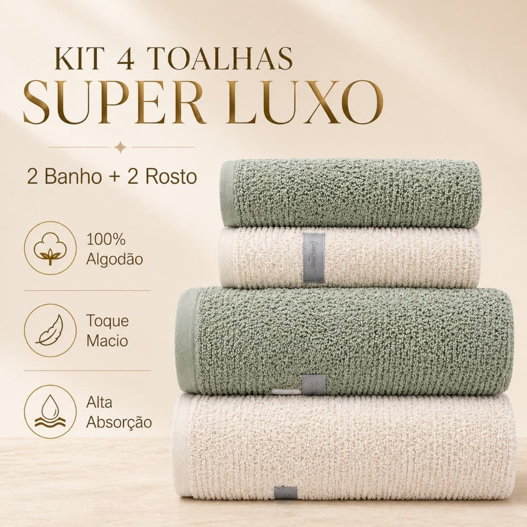 Kit 4 toalhas super luxo, 2 toalhas de banho e 2 toalhas de rosto 100% algodão