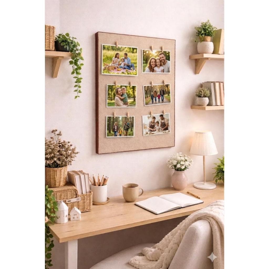 Painel decorativo com fotos familiares em prendedores de madeira