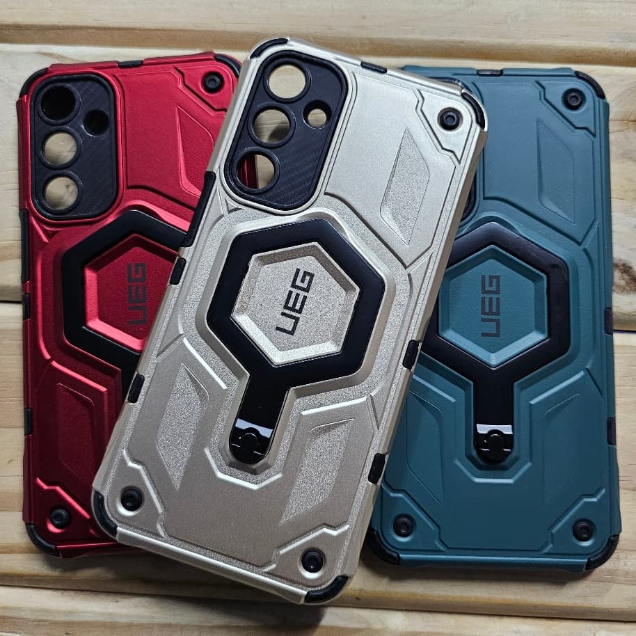 Capas de telefone Samsung A15, A05S, A55, A35 com design anti-impacto e suporte 360° em vermelho, cinza e azul