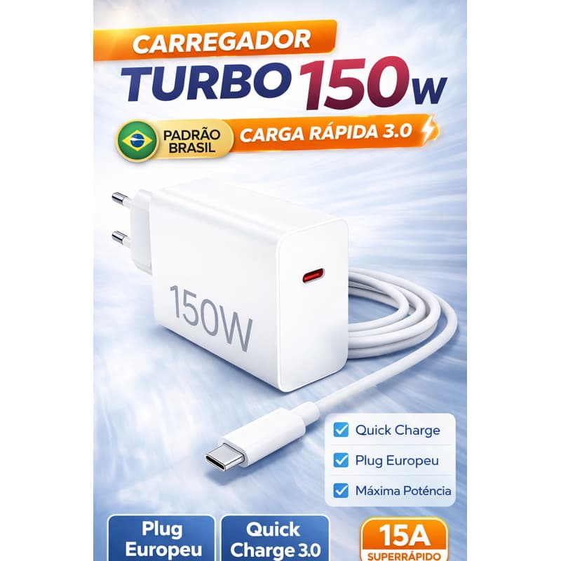 Carregador Turbo 150W USB + Tipo C Pino Europeu BR Carga Rápida 3.0 Xiaomi Redmi Note 11 12 Pro Plus Mi 13 14 + Cabo