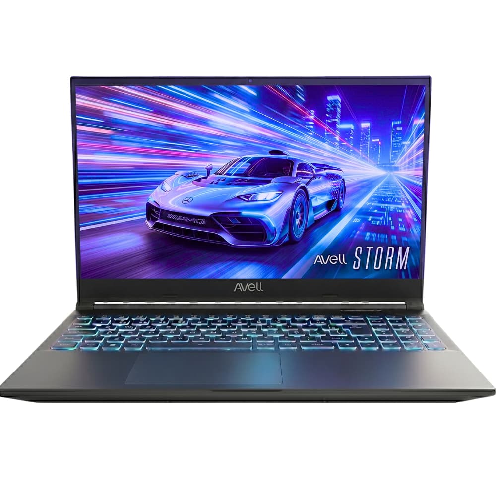 Notebook gamer Avell Storm com teclado retroiluminado em azul, tela com carro esportivo e texto 'Avell Storm', fundo dinâmico.