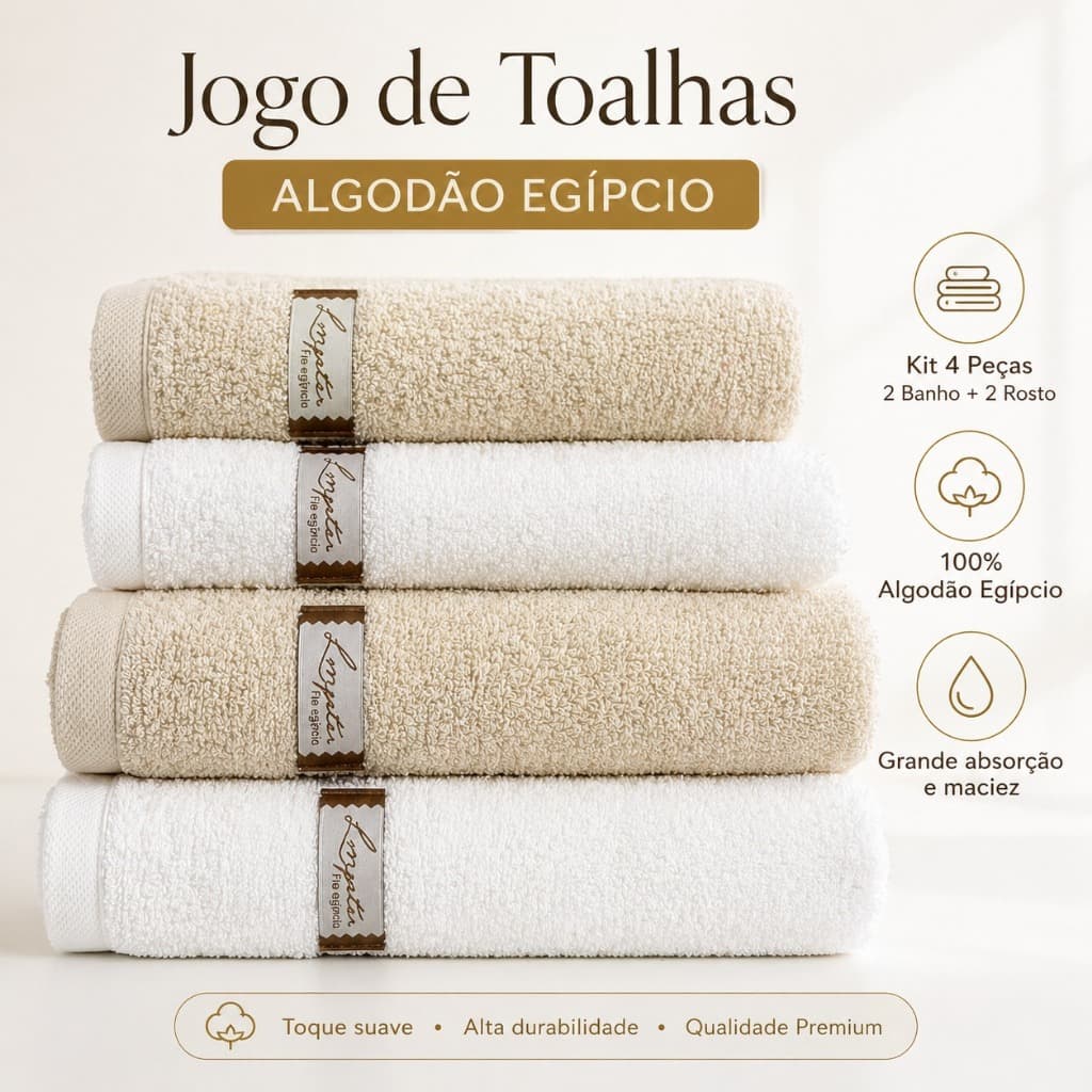 Jogo de Toalhas Algodão Egípcio com Grande Absorção e Maciez, Kit 4 Peças