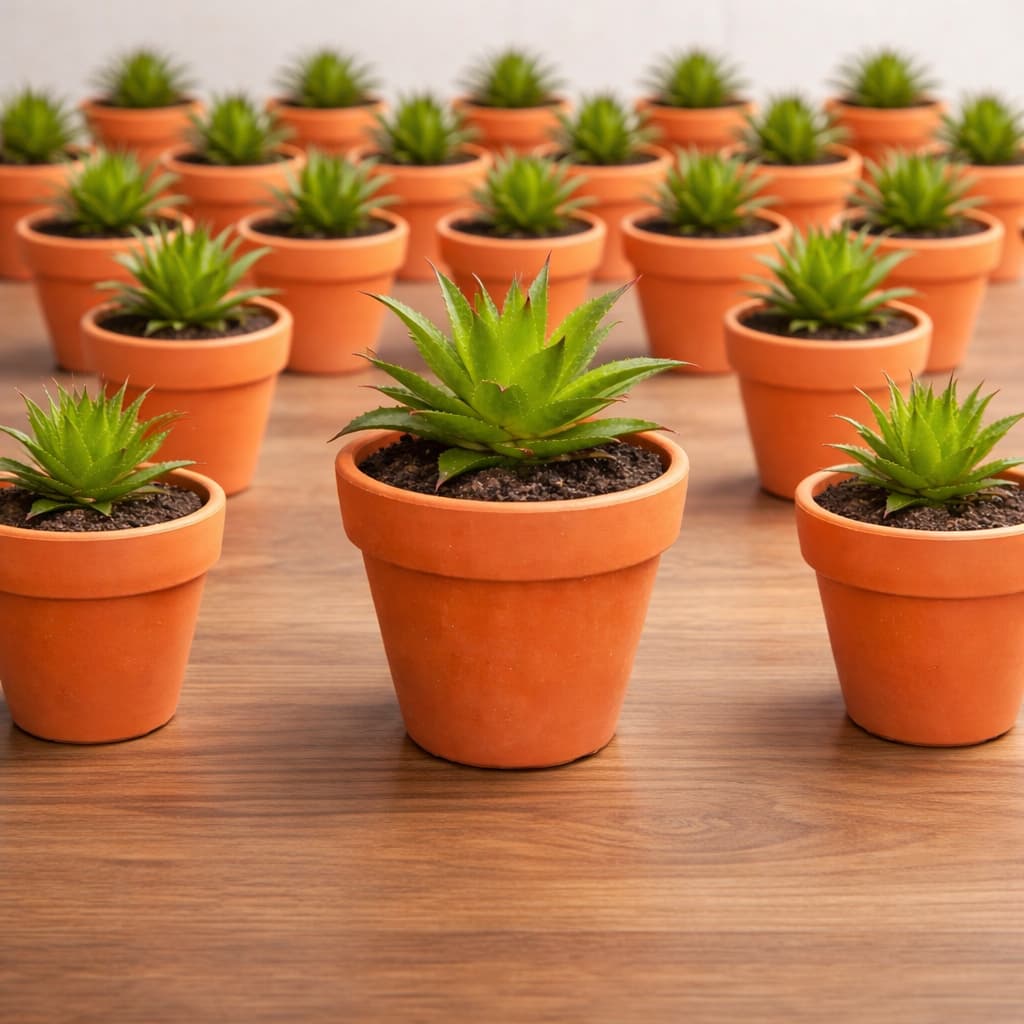 Mini vasos de cerâmica laranja com plantas verdes para lembrancinha
