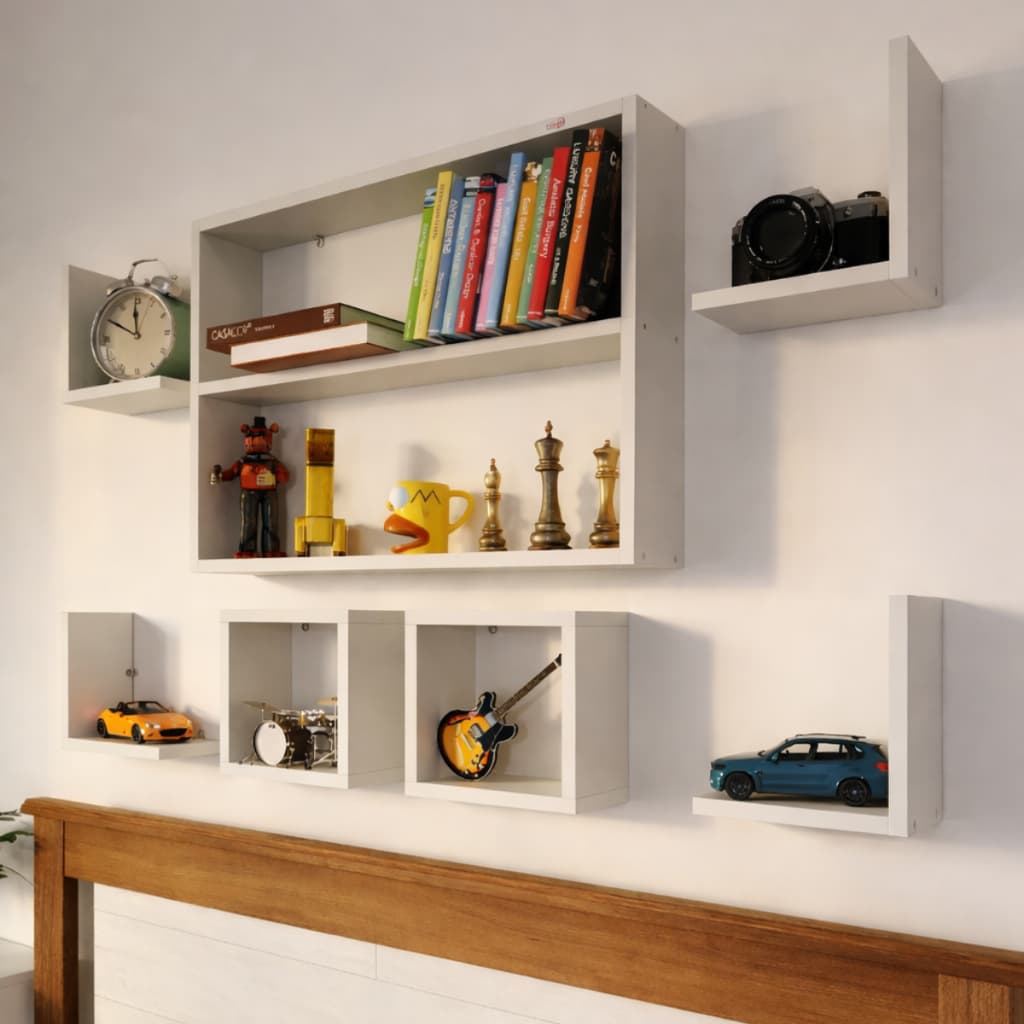 Kit 7 Peças Nicho Cubo L MDP Branco Prateleira Escritório Sala Quarto