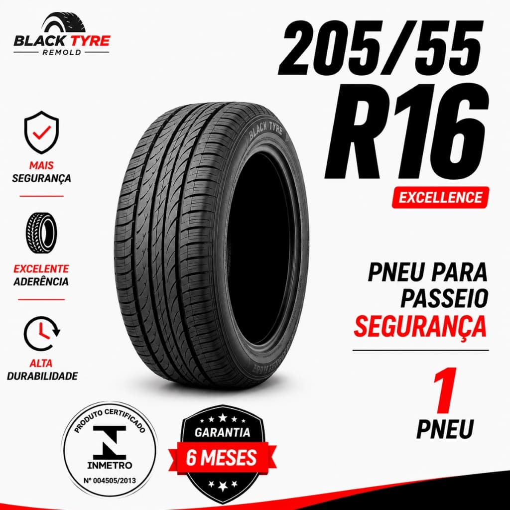 Pneu Remold Black Tyre 205/55 R16 Excellence Aro 16 Garantia 6 Meses Inmetro