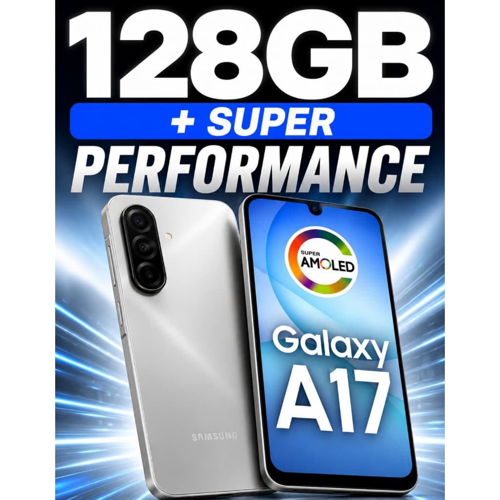 Smartphone Samsung Galaxy A17 128GB com tela AMOLED e câmera dupla em fundo azul e branco