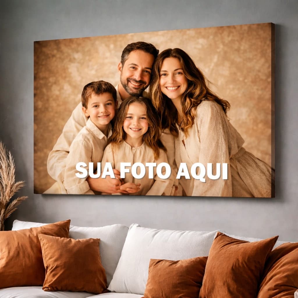 Quadro decorativo personalizado com foto de família, fundo marrom, texto 'SUA FOTO AQUI'.