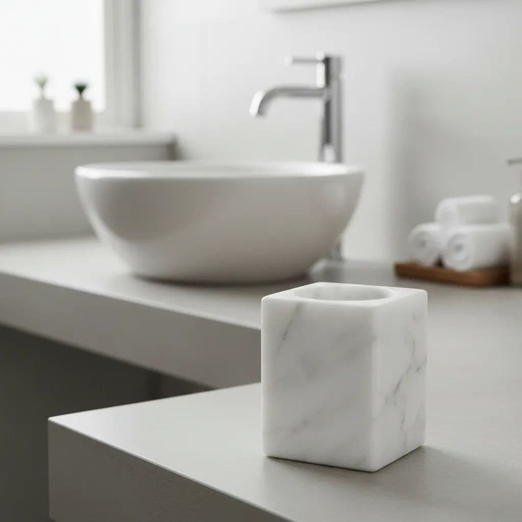 Porta escova de banheiro em mármore branco com textura natural