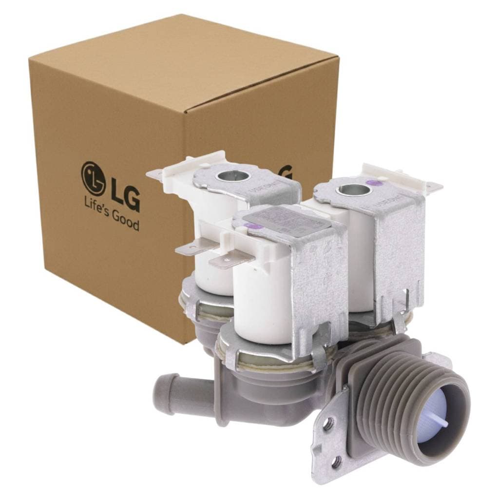 Válvula de três vias para máquina de lavar roupas LG, cinza e branco, caixa marrom ao lado.