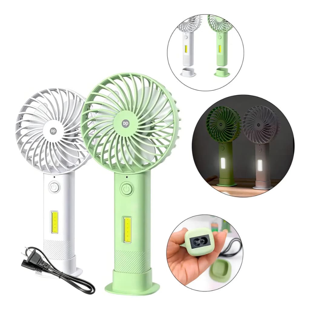 Mini ventilador de mão portátil com lanterna LED recarregável, disponível em verde, branco e cinza