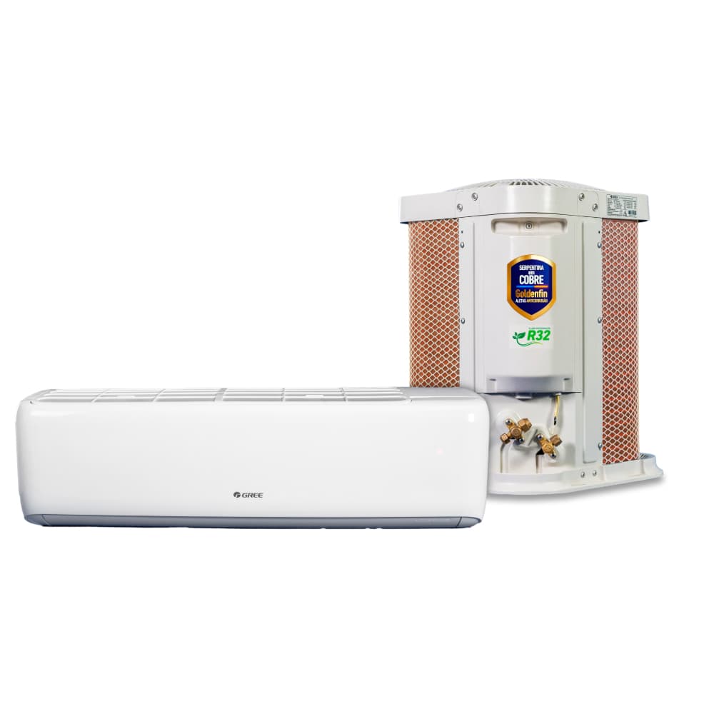 Ar condicionado split Gree 12000 Btus, evaporador e condensador, branco e marrom, fundo branco.