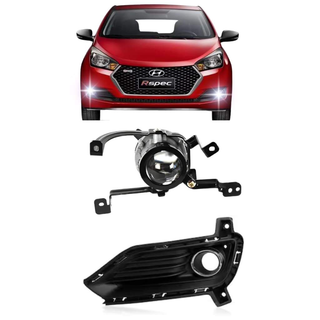 Farol auxiliar Hyundai HB20 2016-2019 com grelha preta e feixe de luz