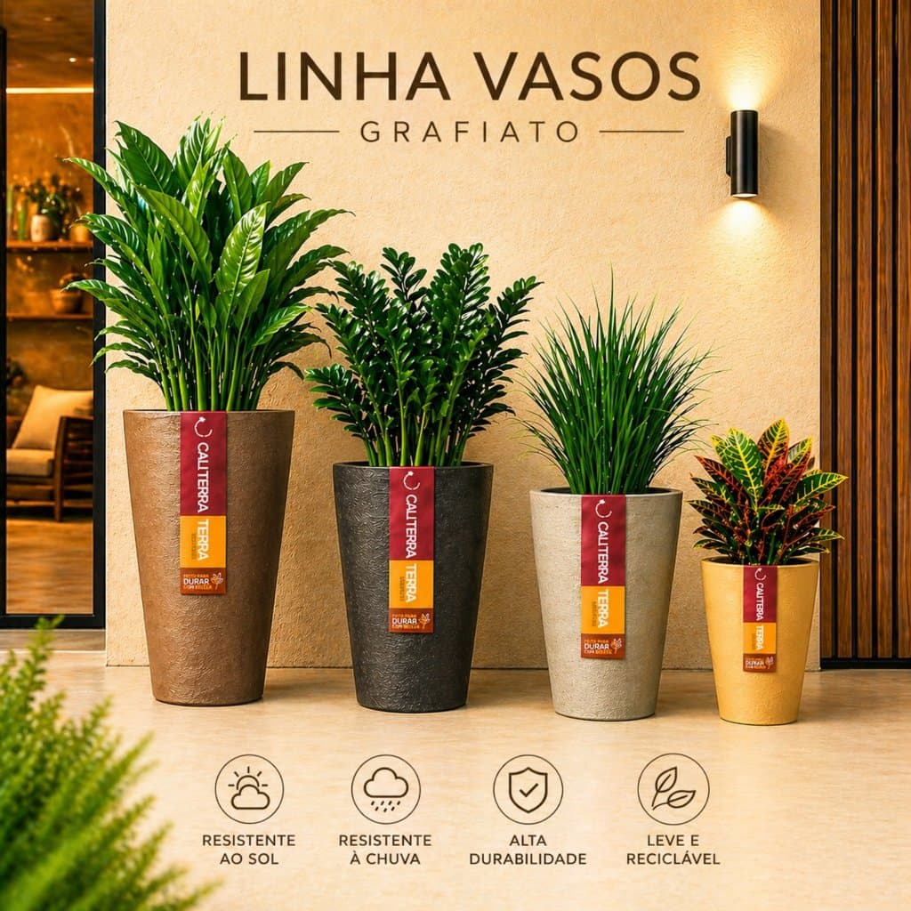 Vasos decorativos em polietileno com cone grafiato, resistentes ao sol e chuva, de alta durabilidade e recicláveis.