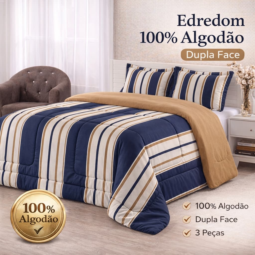 Edredom Solteiro Casal Queen Dupla Face Percal 100% Algodão com estampa listrada azul e branca
