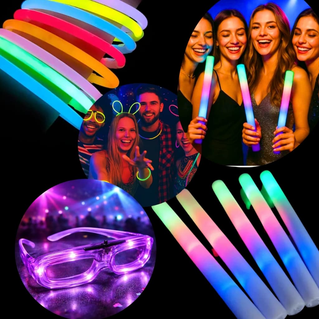 Kit Festa Neon com 140 Itens - Bastões LED, Pulseiras e Óculos Neon para Festas