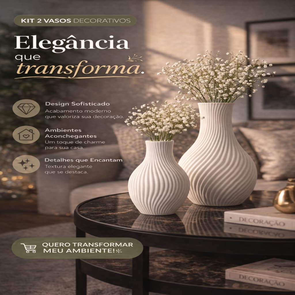 Kit de 2 vasos decorativos modernos brancos para mesa