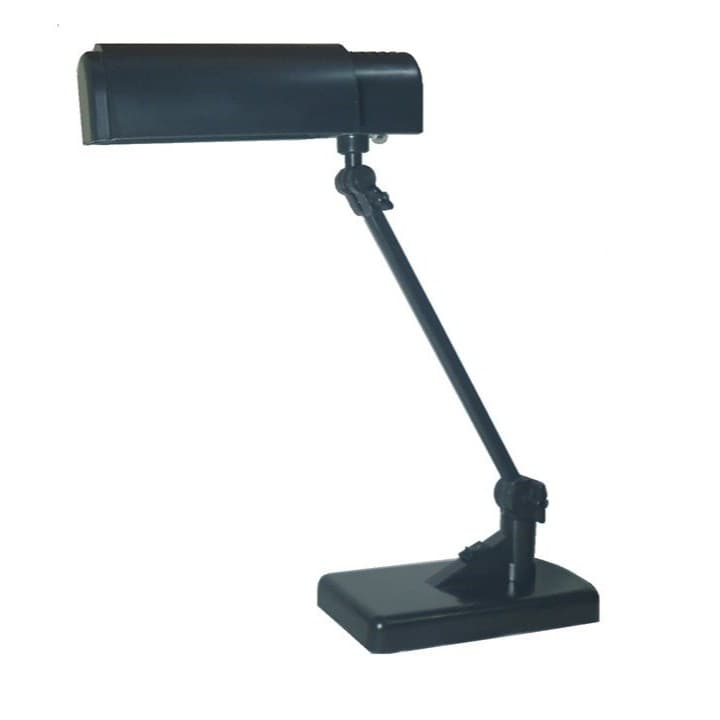 Luminária de mesa preta com haste articulada, ideal para escritórios e estudos.