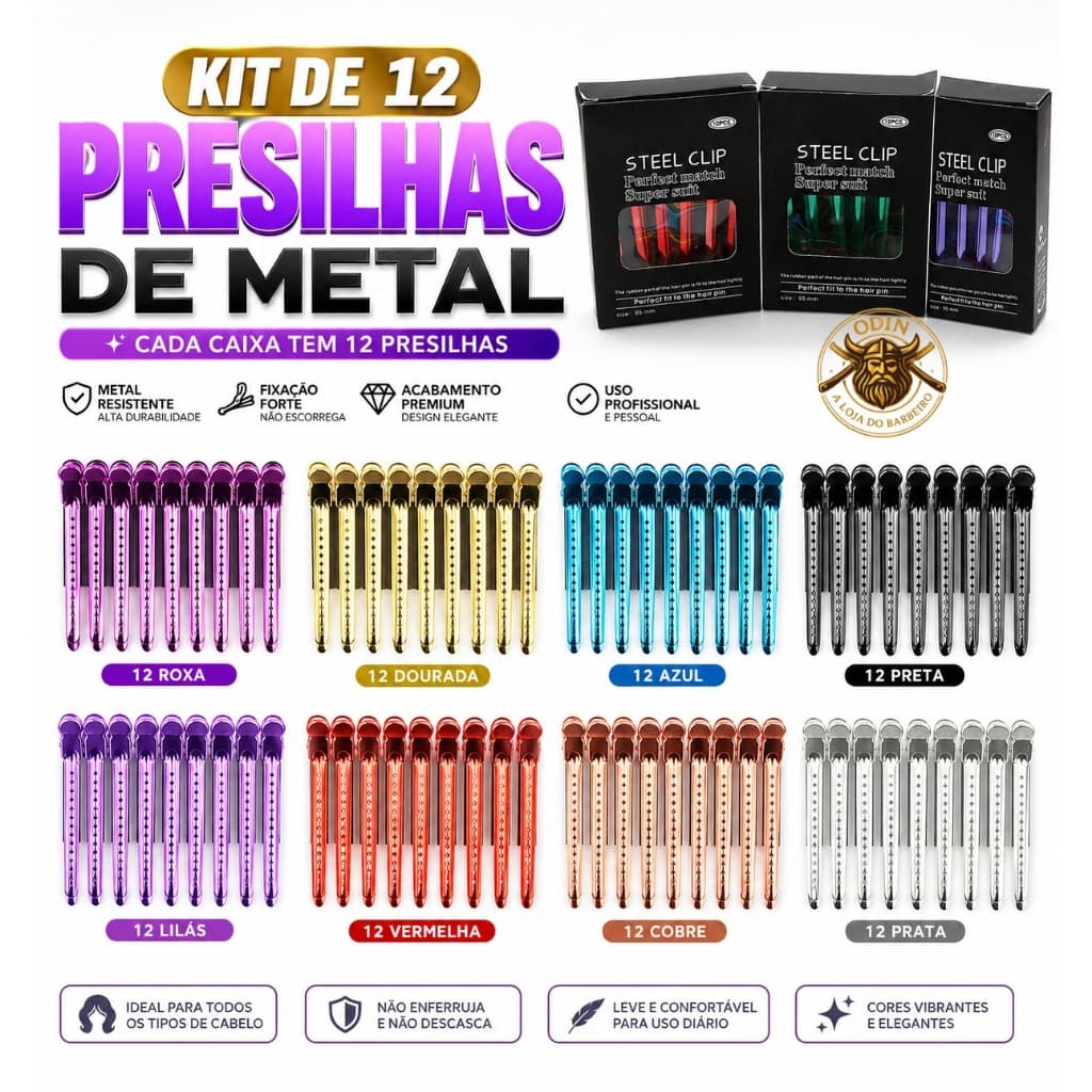 Kit de 12 presilhas metálicas de alumínio em várias cores para cabelo