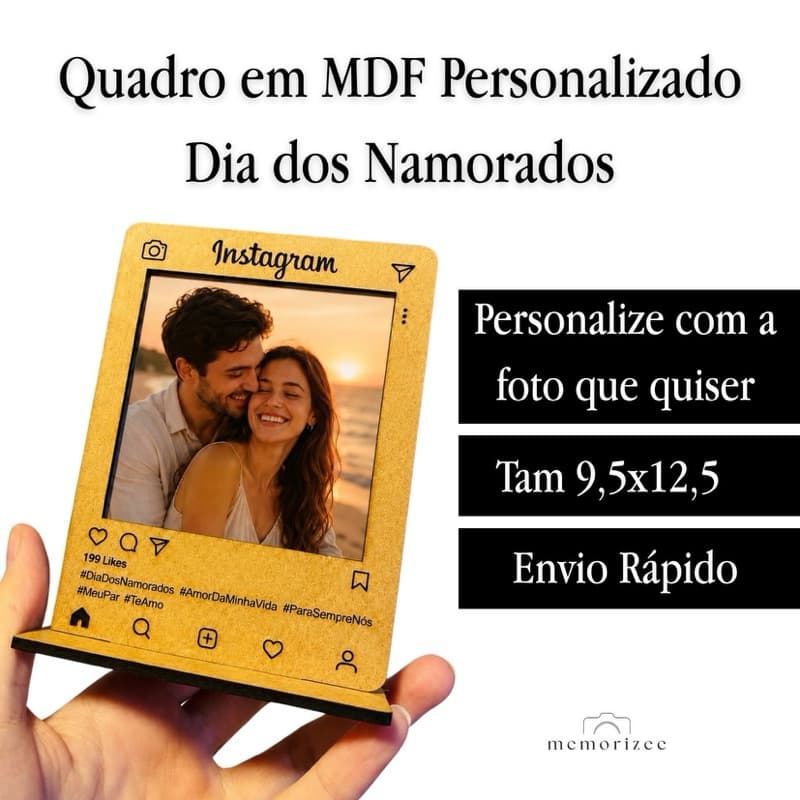 Porta-retrato MDF personalizado para Dia dos Namorados com design de Instagram, foto de casal, 9,5x12,5 cm.