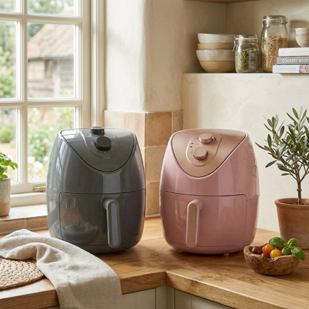 Duas fritadeiras elétricas sem óleo, cinza e rosa, em balcão de cozinha com livros e plantas ao fundo