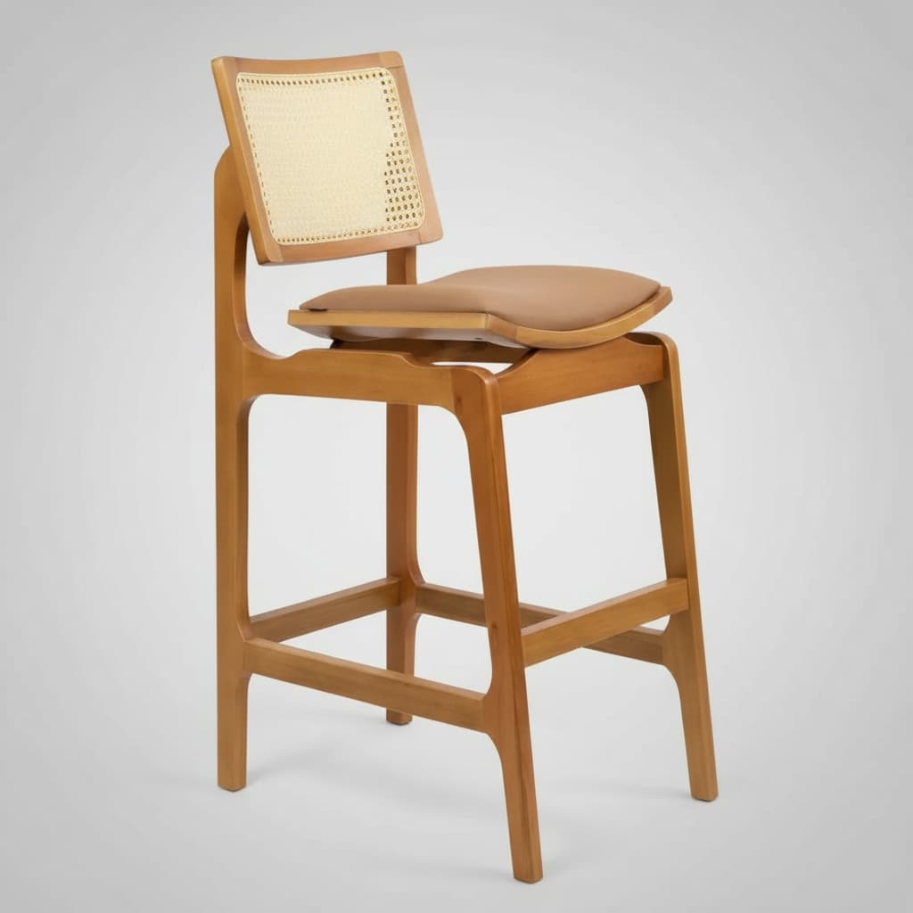 Banqueta Média 68cm Em Madeira Maciça com Telinha Rattan Natural Para Bancada Balcão Cozinha Area Gourmet