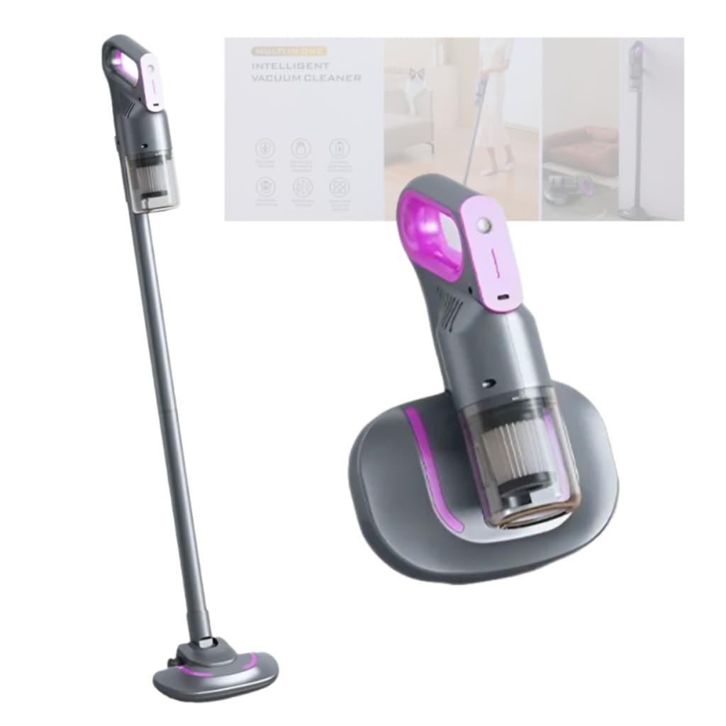 Aspirador de pó vertical e de mão sem fio bivolt 2 em 1 recarregável T&Z cinza com detalhes em rosa