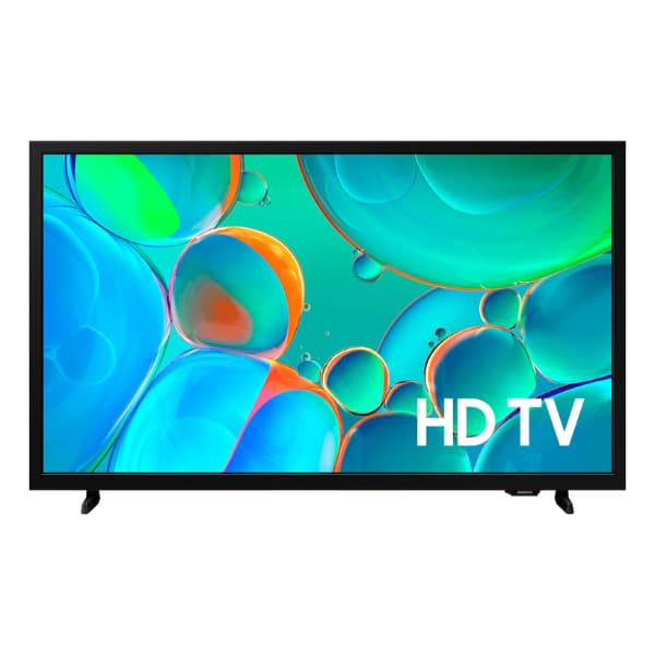 Smart TV 32 polegadas com tela de bolhas coloridas e texto HD TV