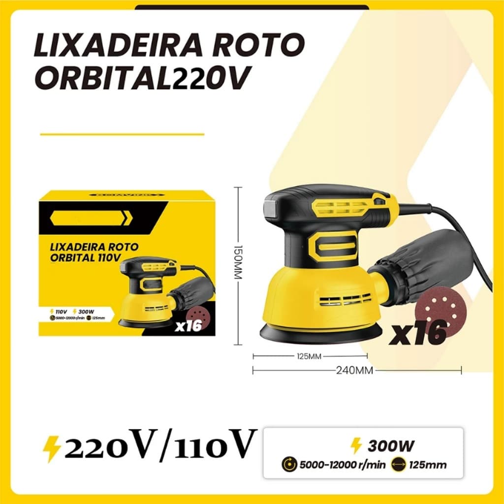 Lixadeira Orbital 300W Profissional com 16 Lixas Brindes Maleta Bivolt 110/220V 60Hz Lixadeira Roto Orbital Frete grátis
