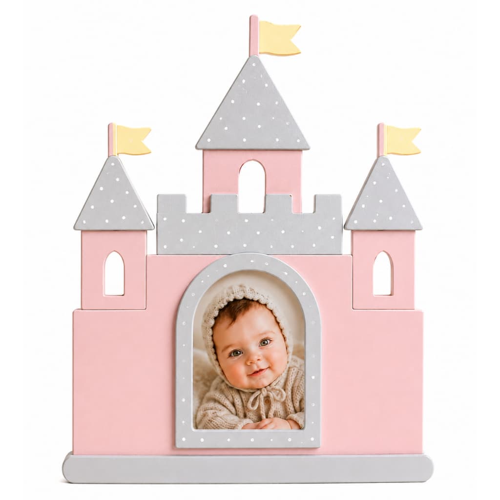 Porta retrato castelo rosa e cinza com foto de bebê