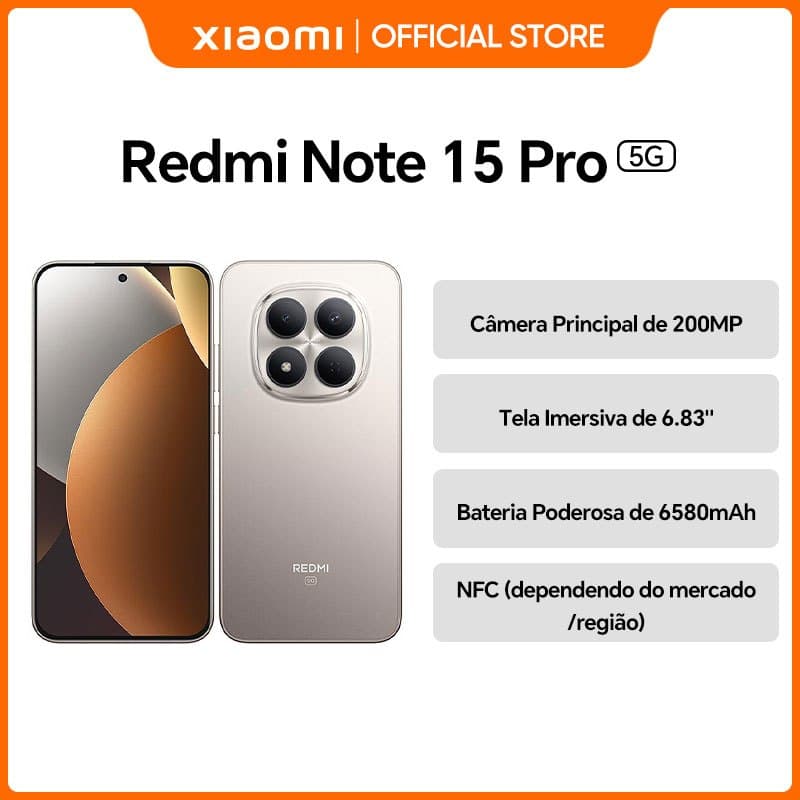 Xiaomi Redmi Note 15 Pro 5G, frente e verso, câmera quadrada, tela grande, informações do produto, fundo branco.