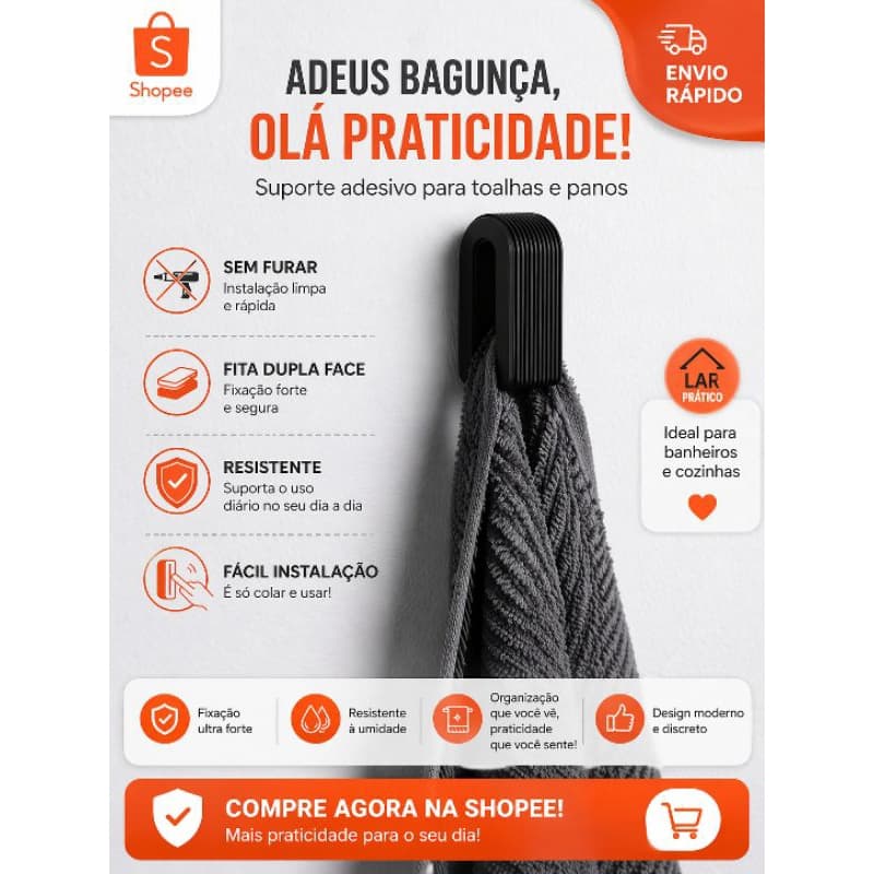 Suporte adesivo para toalhas e panos, fácil instalação, resistente e seguro