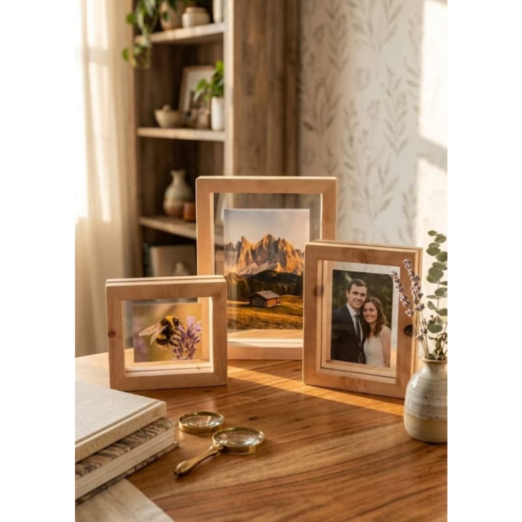 Porta-retratos de madeira com vidro duplo em uma mesa de madeira