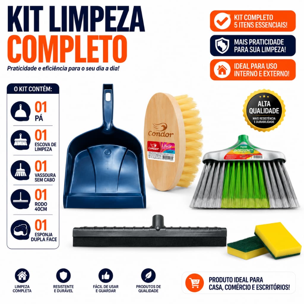 Kit Limpeza Completo com 5 Itens Essenciais - Pá de Lixo, Vassoura Sem Cabo, Rodo 40cm, Escova e Esponja Dupla Face