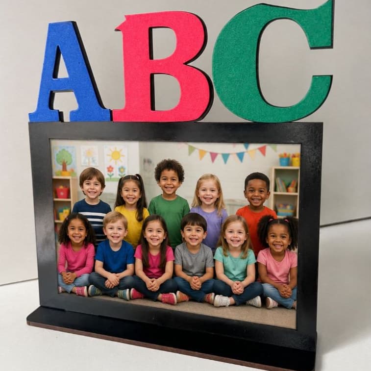 Porta-retrato infantil ABC com foto de crianças sorridentes em sala de aula