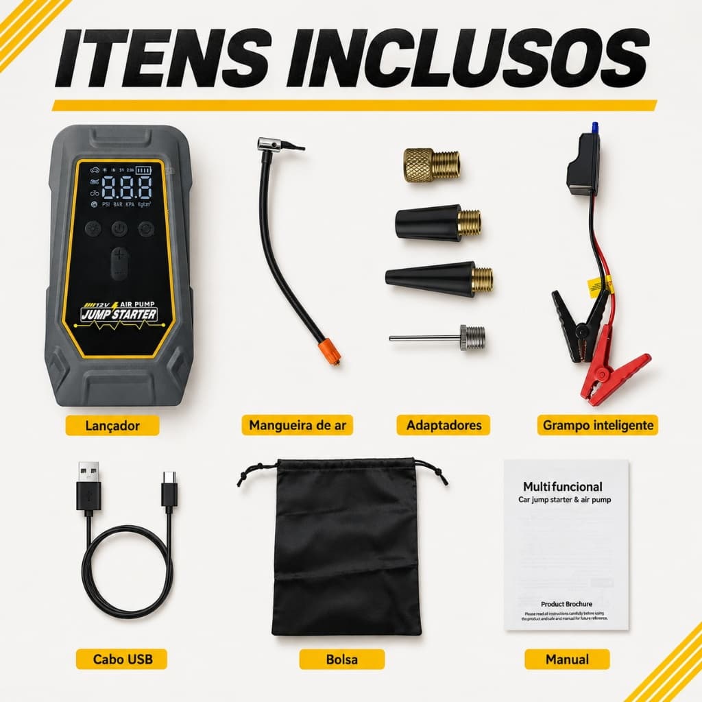 Kit multifuncional de iniciação de carro e compressor de ar portátil com cabos e acessórios