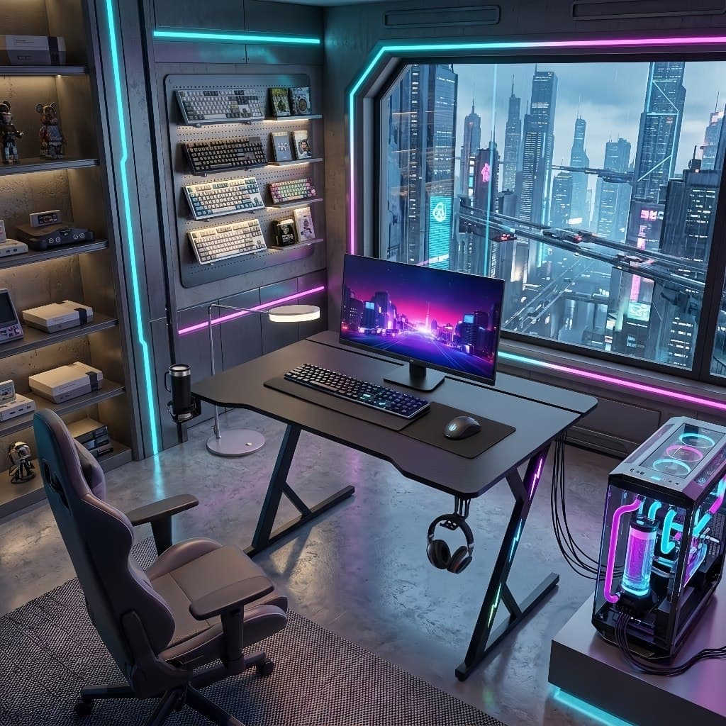 Escritorio gamer mesa preta com suporte para monitor, teclado, mouse, copo e headset