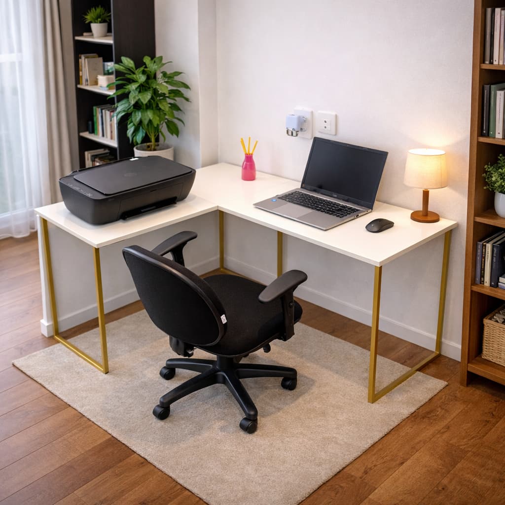 Escrivaninha de canto em L branca com design industrial para escritório ou home office