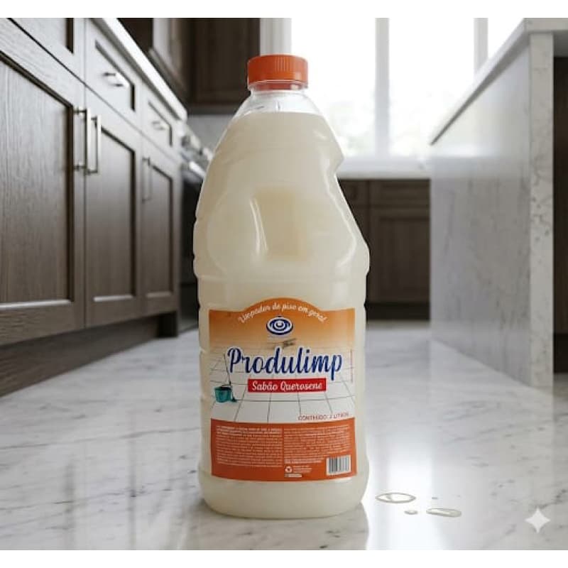 Garrafa de sabão querosene Produlimpi 2L em pé sobre mármore branco