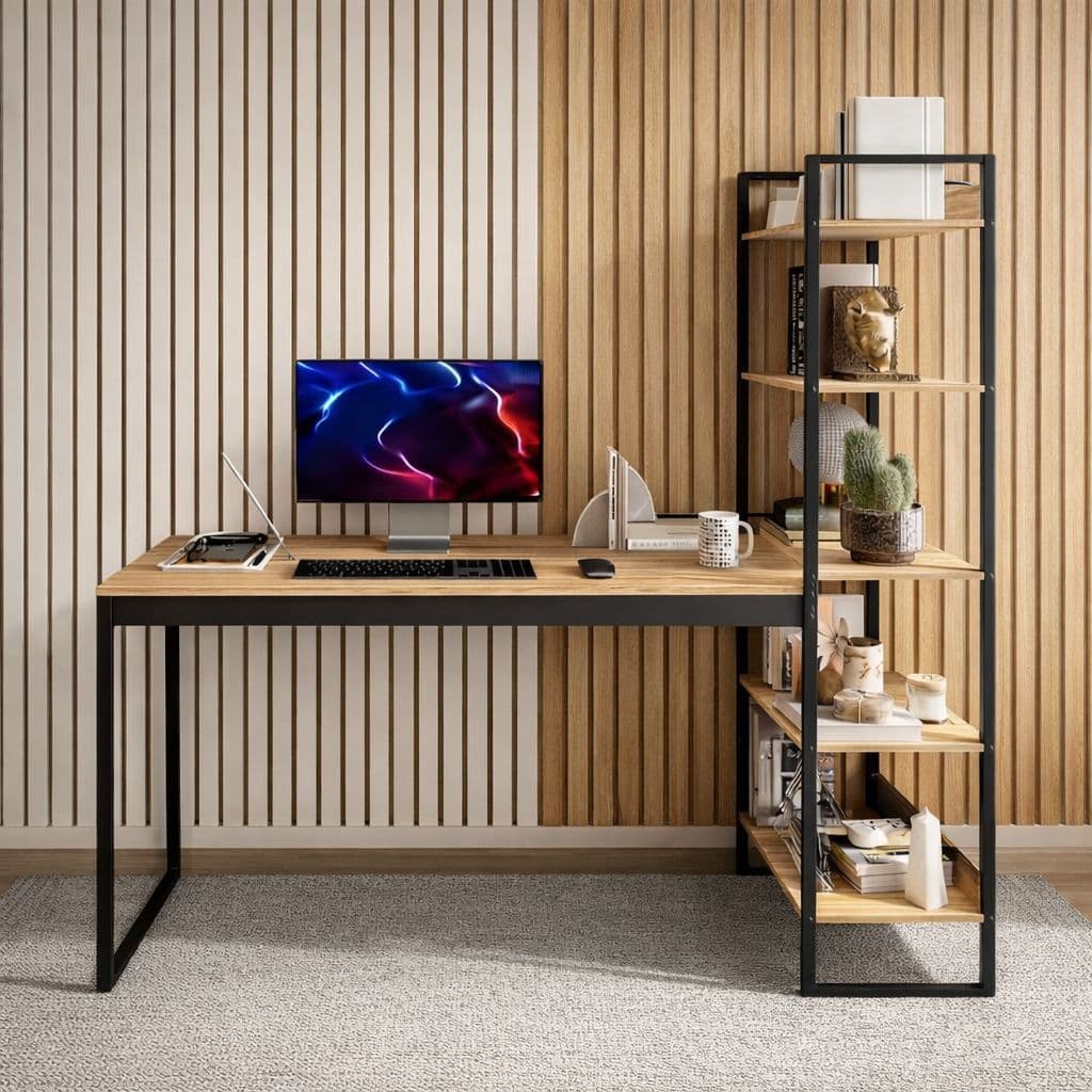 Escrivaninha Design Industrial e Moderno com Estante Integrada Industrial 5 Prateleiras