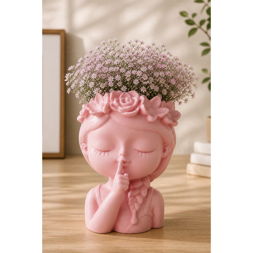 Vaso decorativo em forma de menina com flores rosa, estilo minimalista, para plantas suculentas