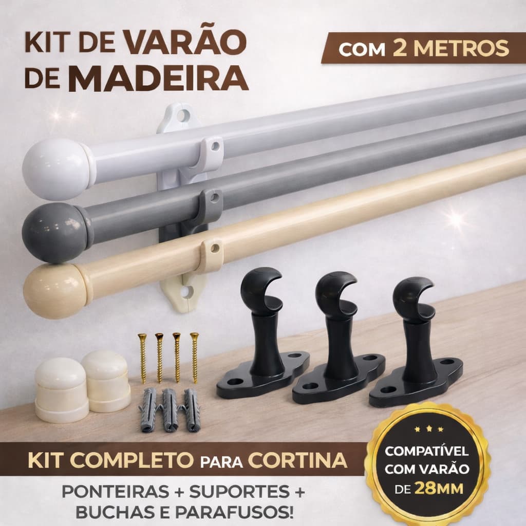 Kit de varão de madeira para cortina com 2 metros, ponteiras e suportes