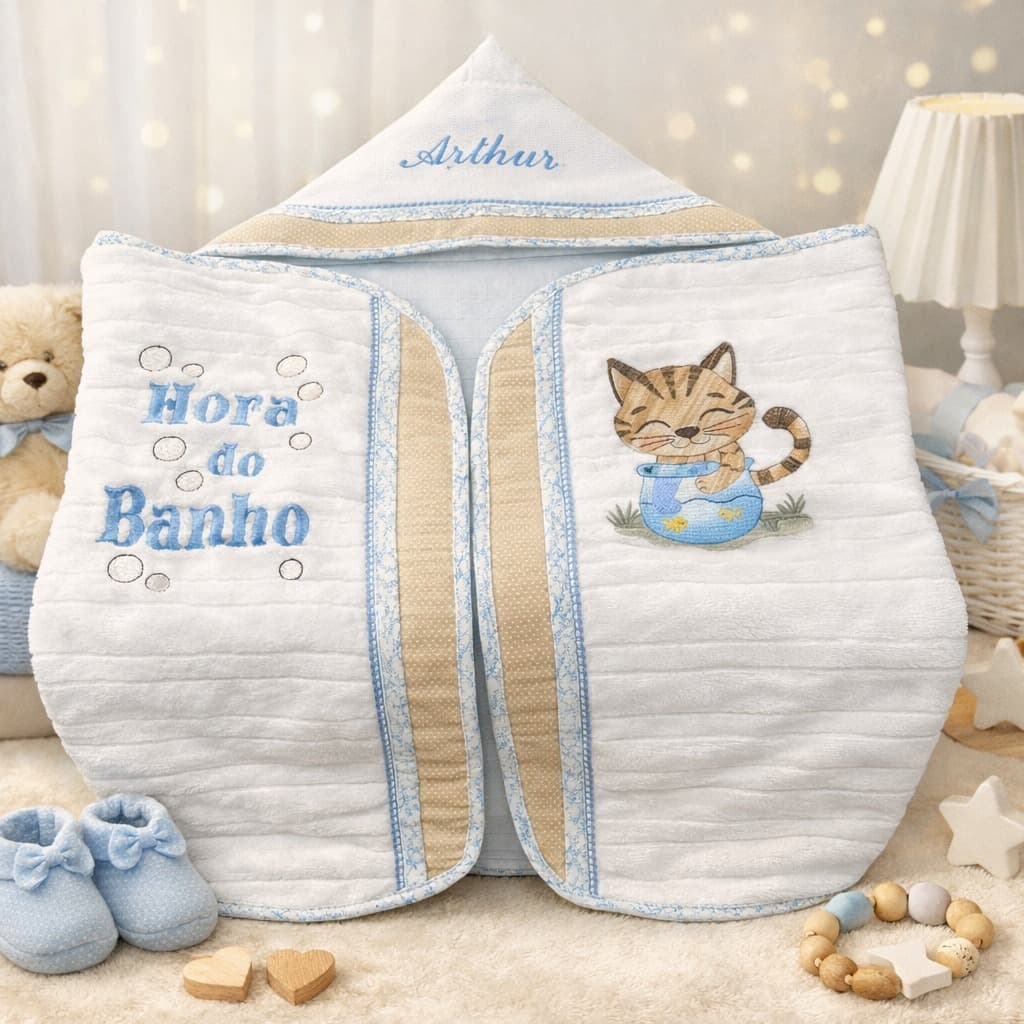 Toalha de bebê personalizada com nome Arthur, desenho de gato e frase 'Hora do Banho', fundo branco e azul claro.