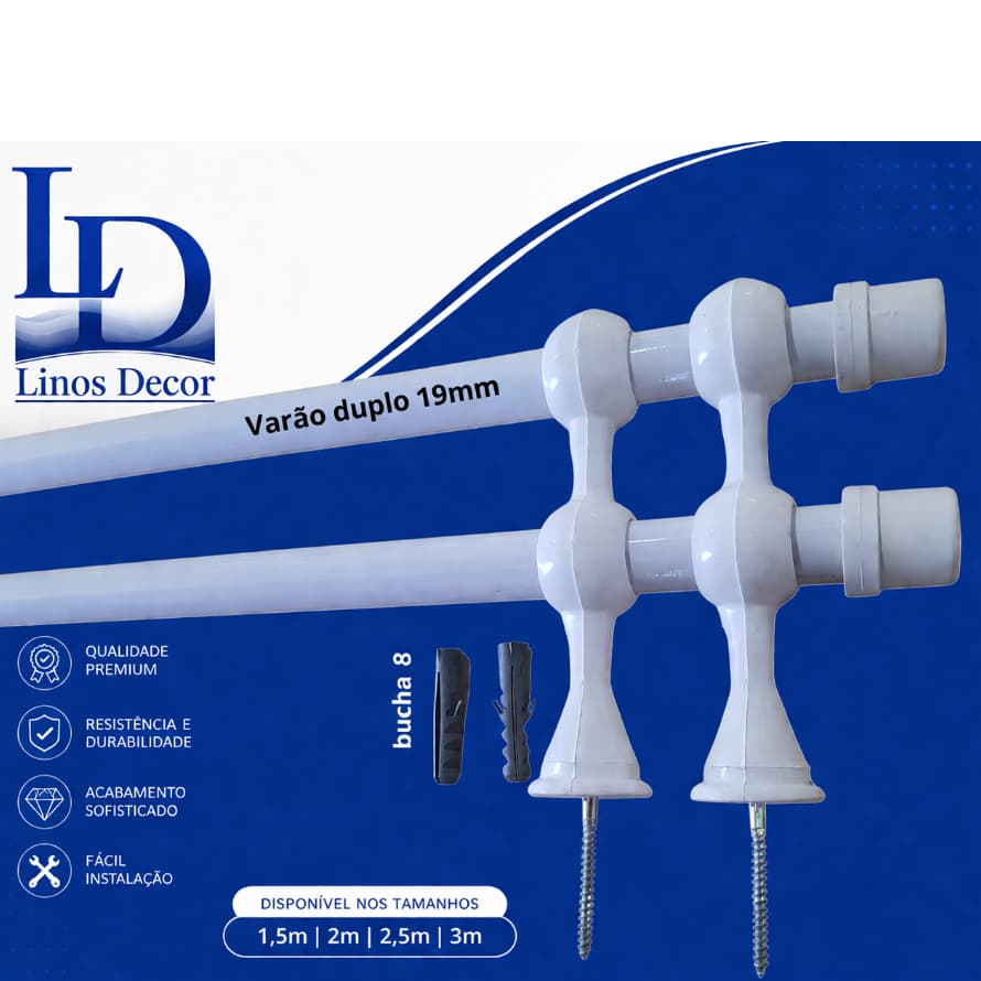 Varão de cortina duplo 19mm branco 2,00m com parafusos e buchas