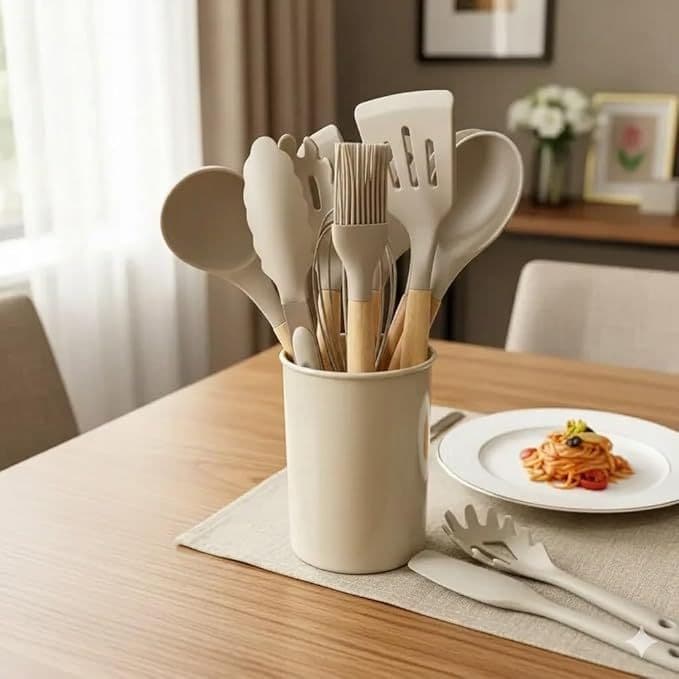 Conjunto de Utensílios de Cozinha em Silicone com Cabo de Madeira, Caqui, com Suporte