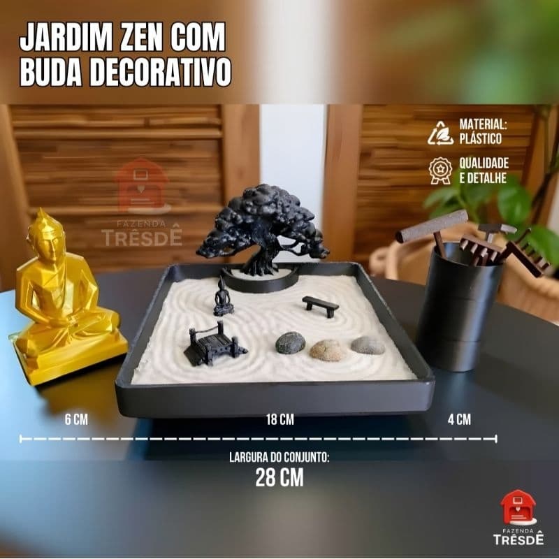 Jardim Zen com Buda decorativo, areia branca e acessórios em um ambiente de madeira