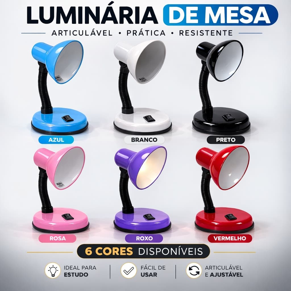 Luminária de mesa LED com base flexível e articulável em seis cores: azul, branco, preto, rosa, roxo e vermelho.