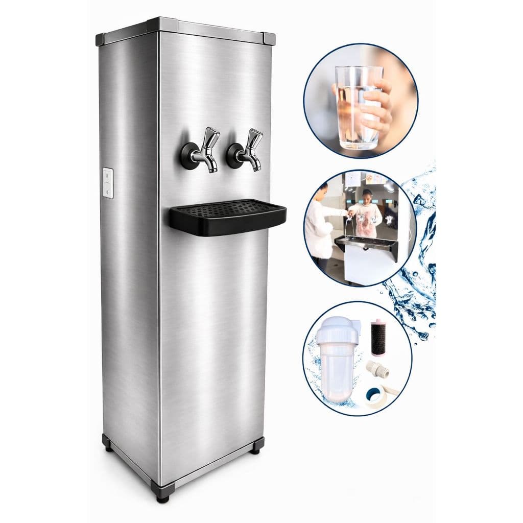 Purificador de água industrial 25 litros/hora, aço inoxidável, duas torneiras geladas, bebedouro, filtros